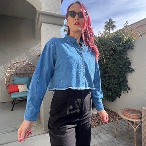 Upcycled denim cropped shirt rhinestones